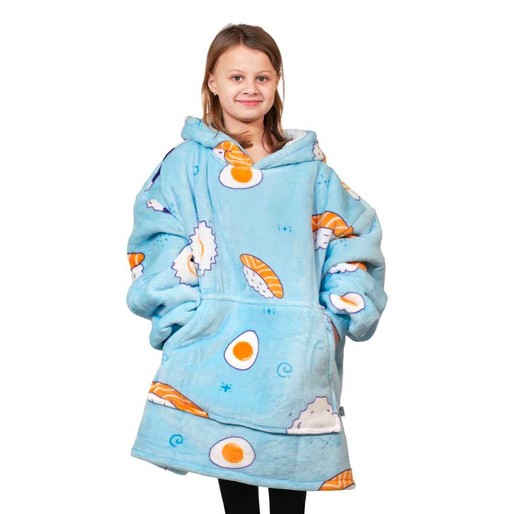 snug rug hoodie för barn med sushimotiv